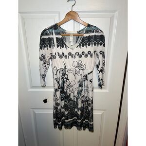 Cristinalove Womens Boho Mini Dress Medium Black White Floral 3/4 Sleeve